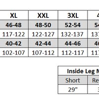 Harrington jacket size chart with chest, waist, and inside leg measurements