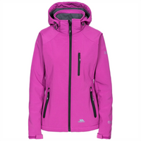 Purple women's softshell jacket with hood, front zip, and three zip pockets