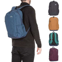 Trespass ALDER 25L backpack shown worn, with black, blue, gold and burgundy color options.