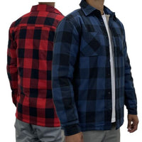 Men's sherpa-lined work shirt in red and navy buffalo plaid, shown in red and blue options.