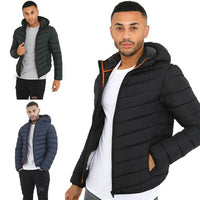 Men's Brave Soul Grant padded jacket with hood, shown in black, khaki and navy color options.