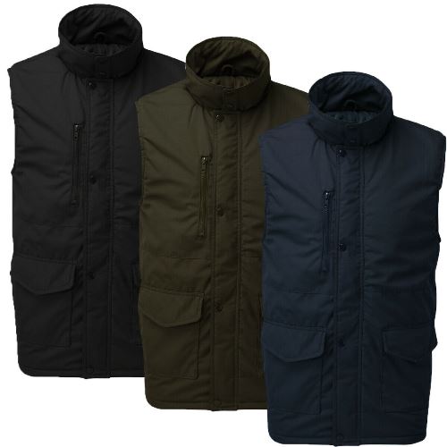 Quilted gilet in black, olive, and navy with high collars and multiple pockets