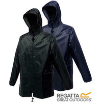 Regatta waterproof jacket with hood, shown in black and navy with front zips and adjustable hems
