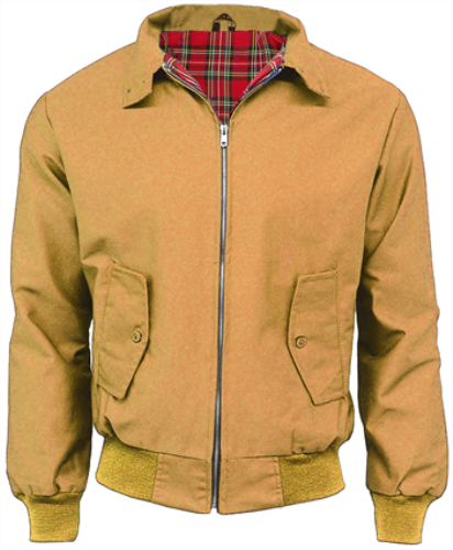 Mustard Harrington jacket with red tartan lining, zip front, and buttoned flap pockets