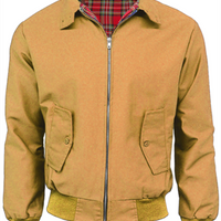 Mustard Harrington jacket with red tartan lining, zip front, and buttoned flap pockets