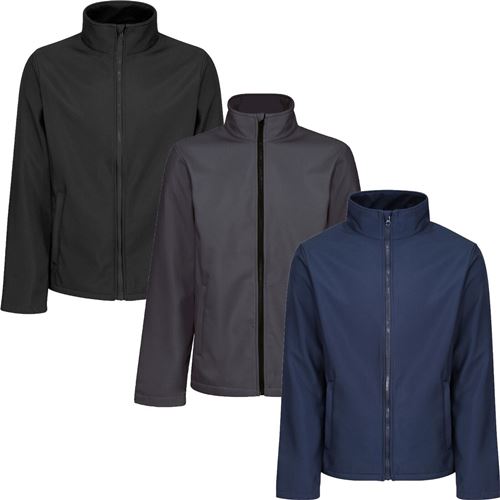 Softshell jacket shown in black, grey and navy, with stand collars and full-length zippers.