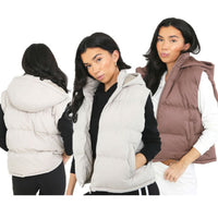 Ladies padded hooded gilet with zip front, sleeveless light-colored body