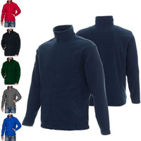 Men's microfleece jacket in navy, shown from front and back with a high collar and zip front