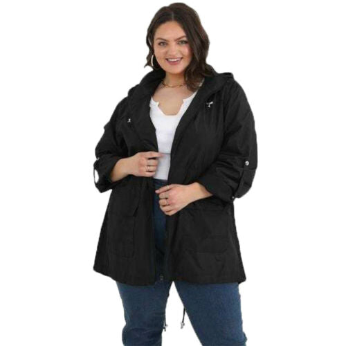 Plus size hooded rain mac with zip front and side pockets, black