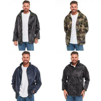 Waterproof jacket shown in black, navy, camouflage and olive