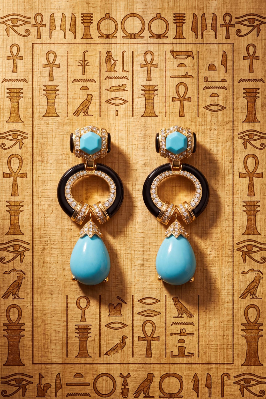 Gold-tone turquoise drop earrings with black enamel hoops and blue teardrops