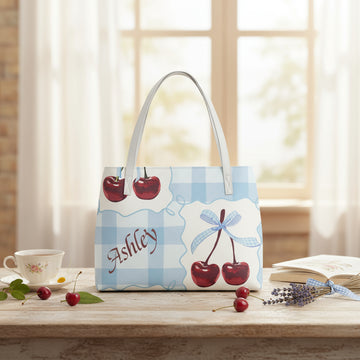 Leather Tote Bag, PU Personalized Cherry Gingham Shoulder Purse, Waterproof for Travel, Large Handbag