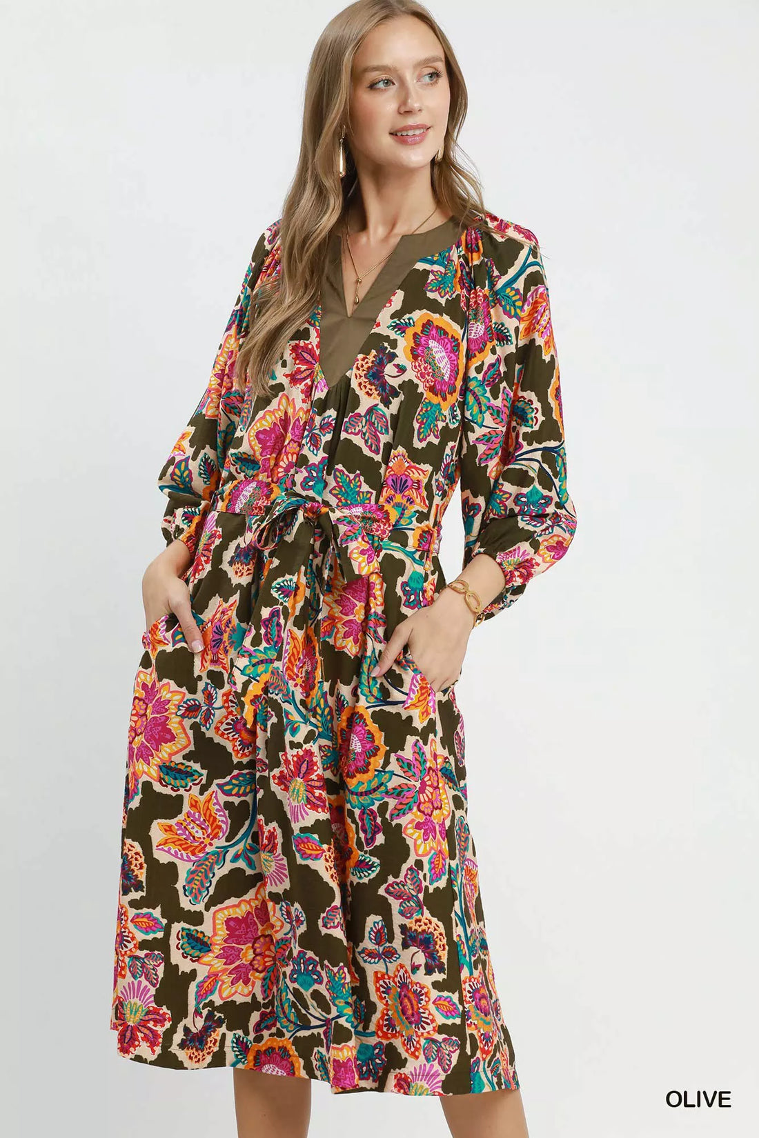 Belted midi dress with V-neck, long sleeves, dark olive abstract floral print
