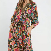 Belted midi dress with V-neck, long sleeves, dark olive abstract floral print