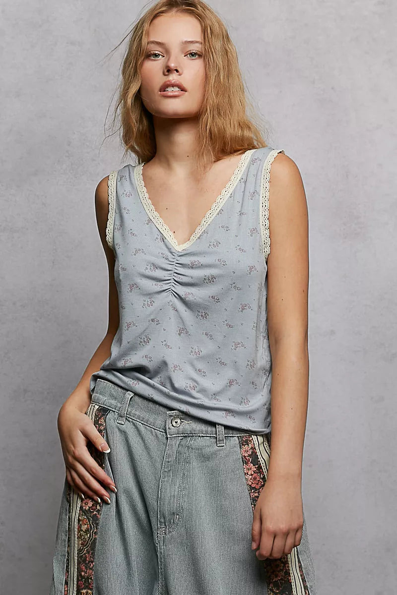 Powder blue ruched floral V-neck tank with scalloped lace neckline trim