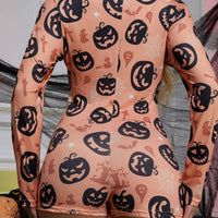 Dusty pink back view lounge romper with long sleeves and repeating jack-o-lantern print
