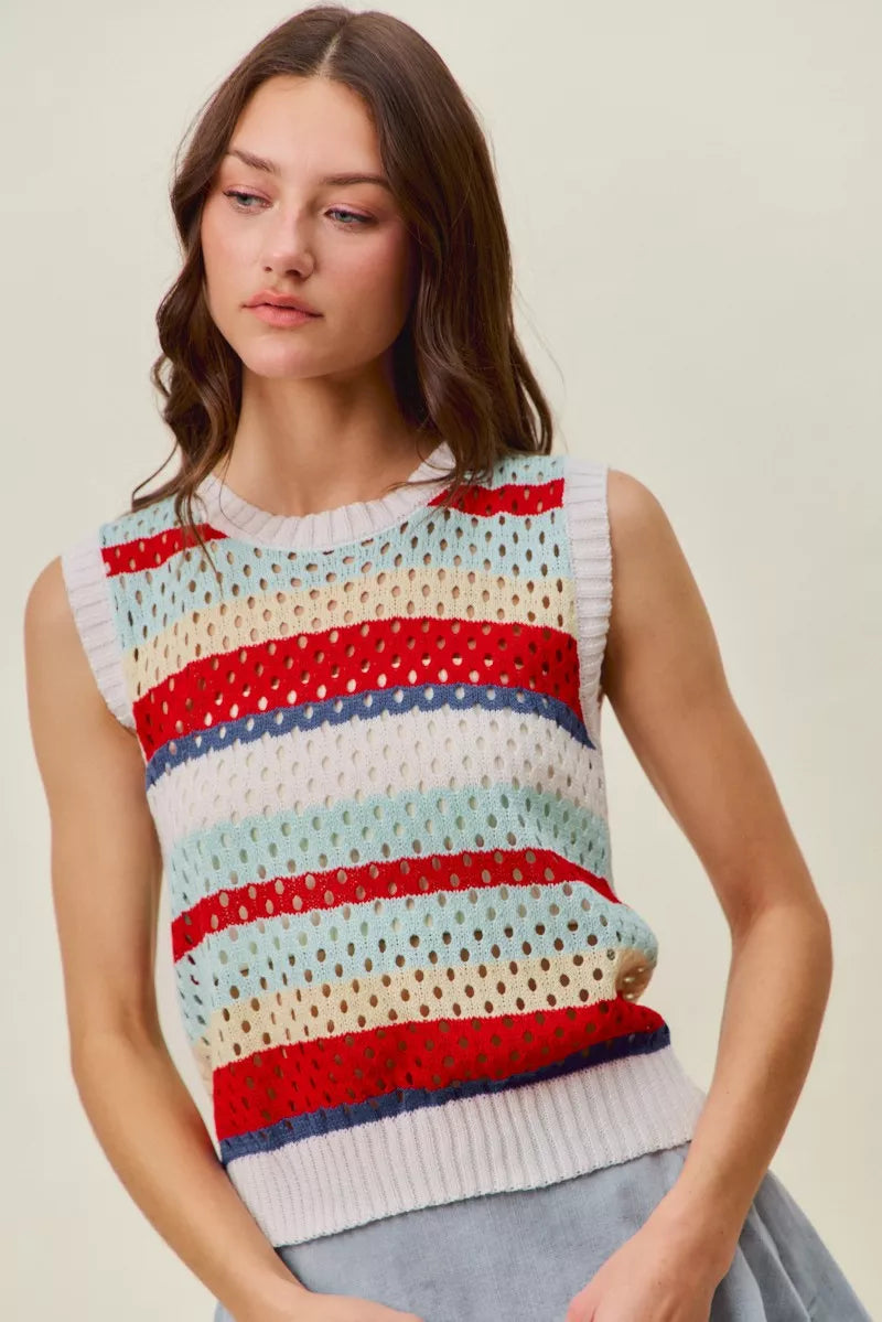 Women’s sweater knit tank top, sleeveless with dotted multi-stripe pattern