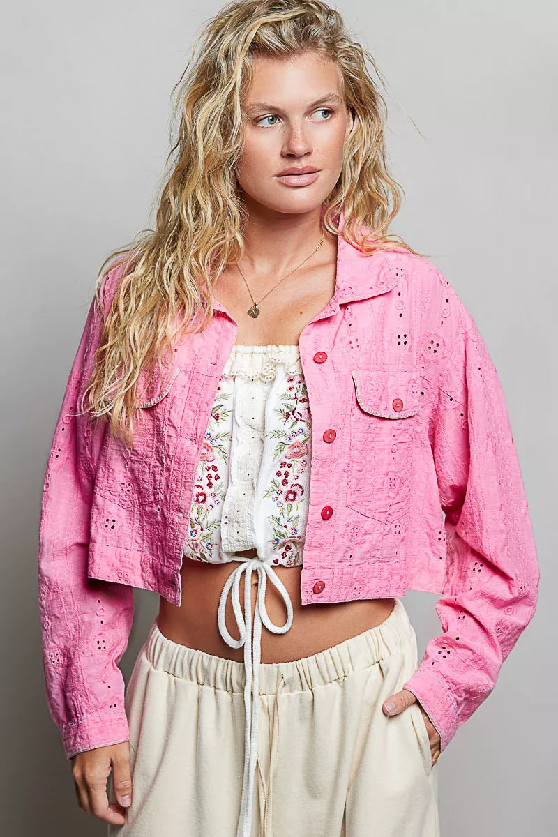 Candy pink cropped button-front cotton jacket with eyelet texture and flap chest pockets