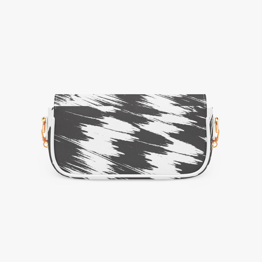 Black and white brush-pattern crossbody bag with curved flap and gold chain