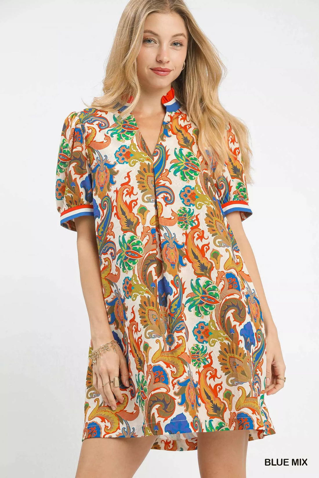Blue mix abstract print mini dress with short sleeves and button-front