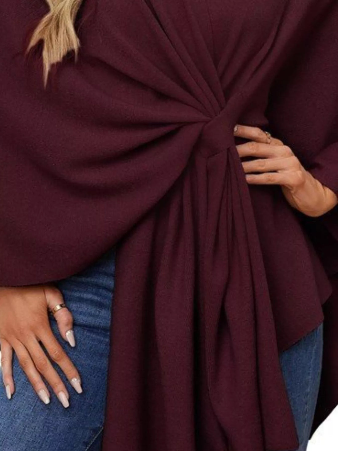 Burgundy cape shawl detail with gathered pleats and center front tie