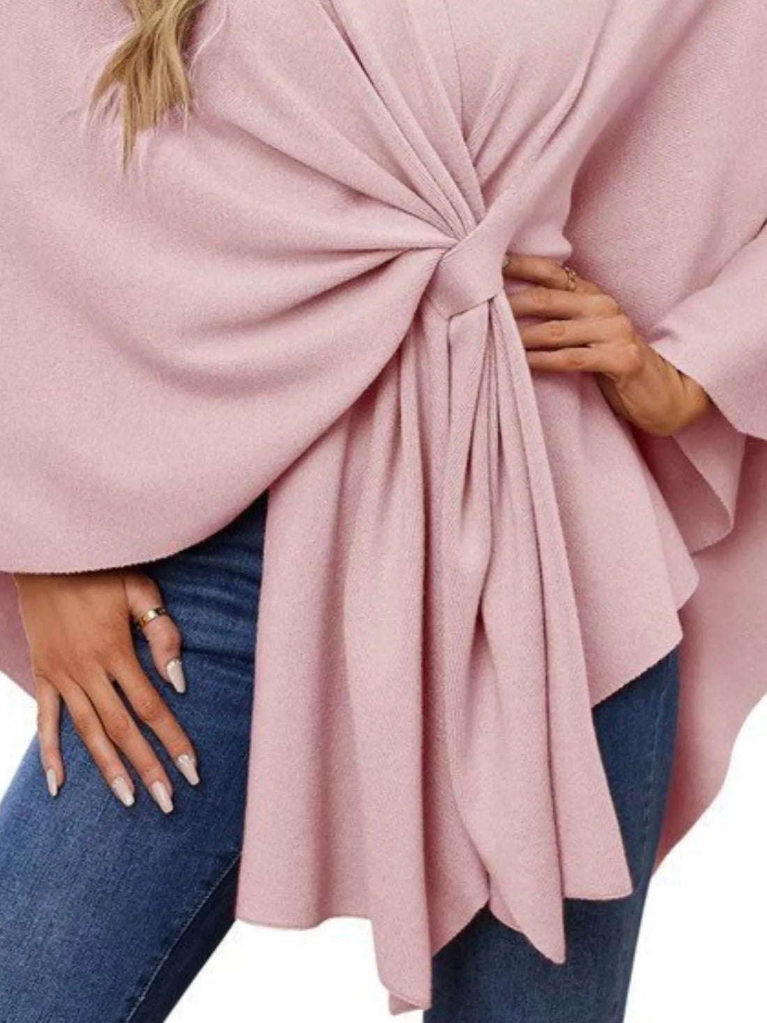 Blush pink cape shawl detail with gathered pleats and center front tie