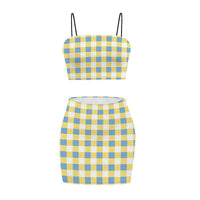 Yellow Blue and White Gingham Co Ord Set - Women's Crop Tank Top & Mini Skirt Co Ords