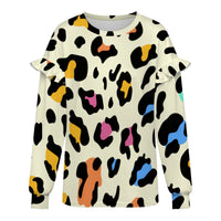 Animal Print Tops Women's Ruffled Shoulder Sweatshirt