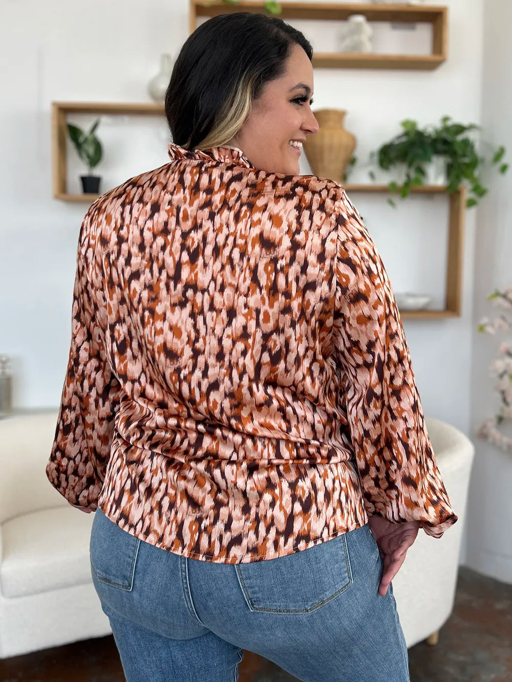 Caramel printed balloon-sleeve tunic shirt from back with gathered ruffle trim