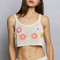 Ivory crochet cropped cami with U-neckline and multicolor flower embroidery