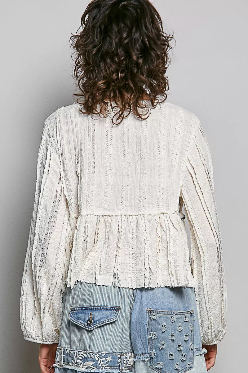 Cream lace square-neck long-sleeve top with gathered back yoke and blue-trim waist