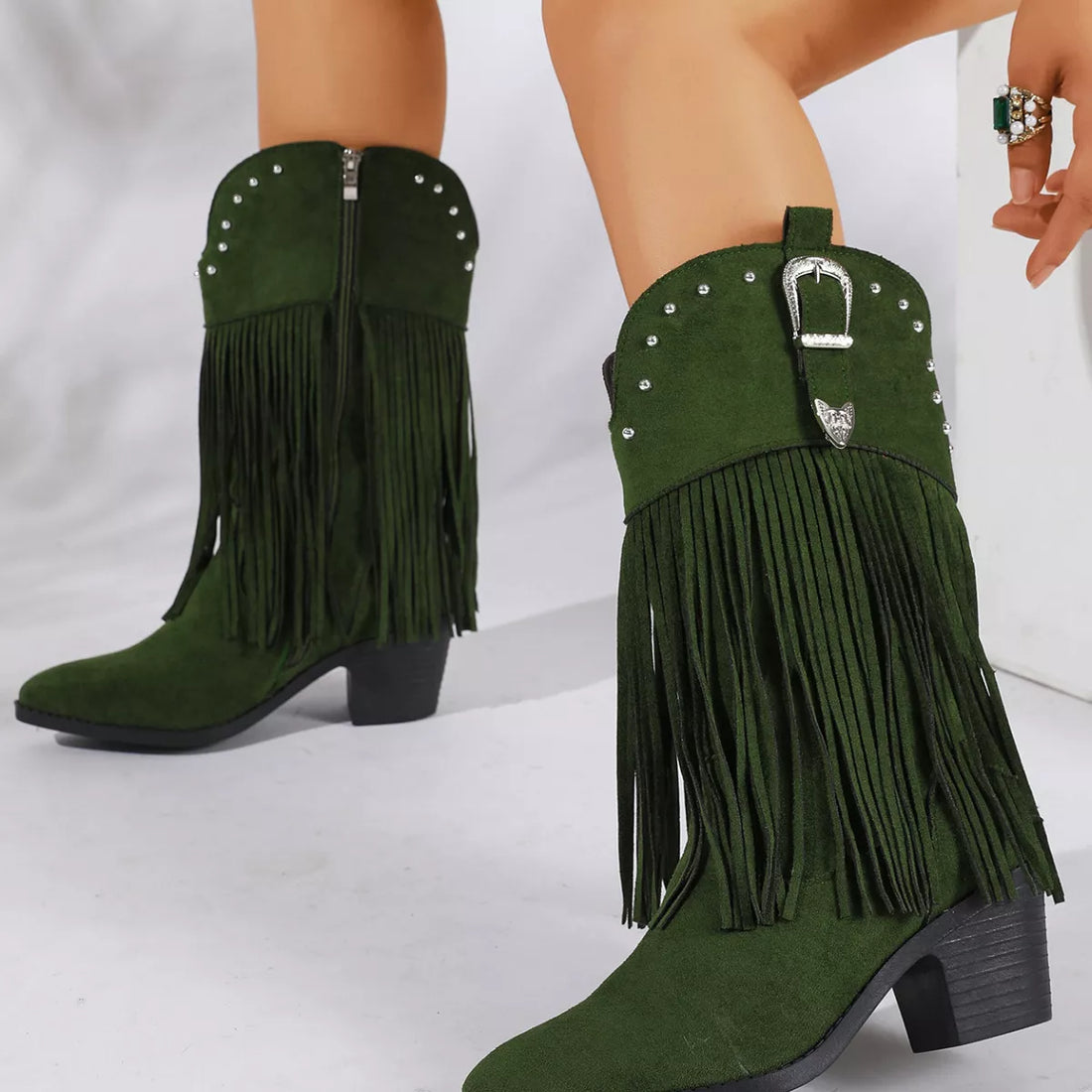 Green fringe round-toe block-heel boots with studded cuff and side zipper