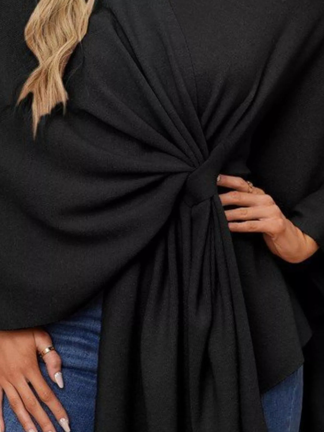 Black cape shawl front tie knot with gathered drape detail