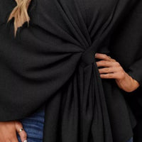 Black cape shawl front tie knot with gathered drape detail