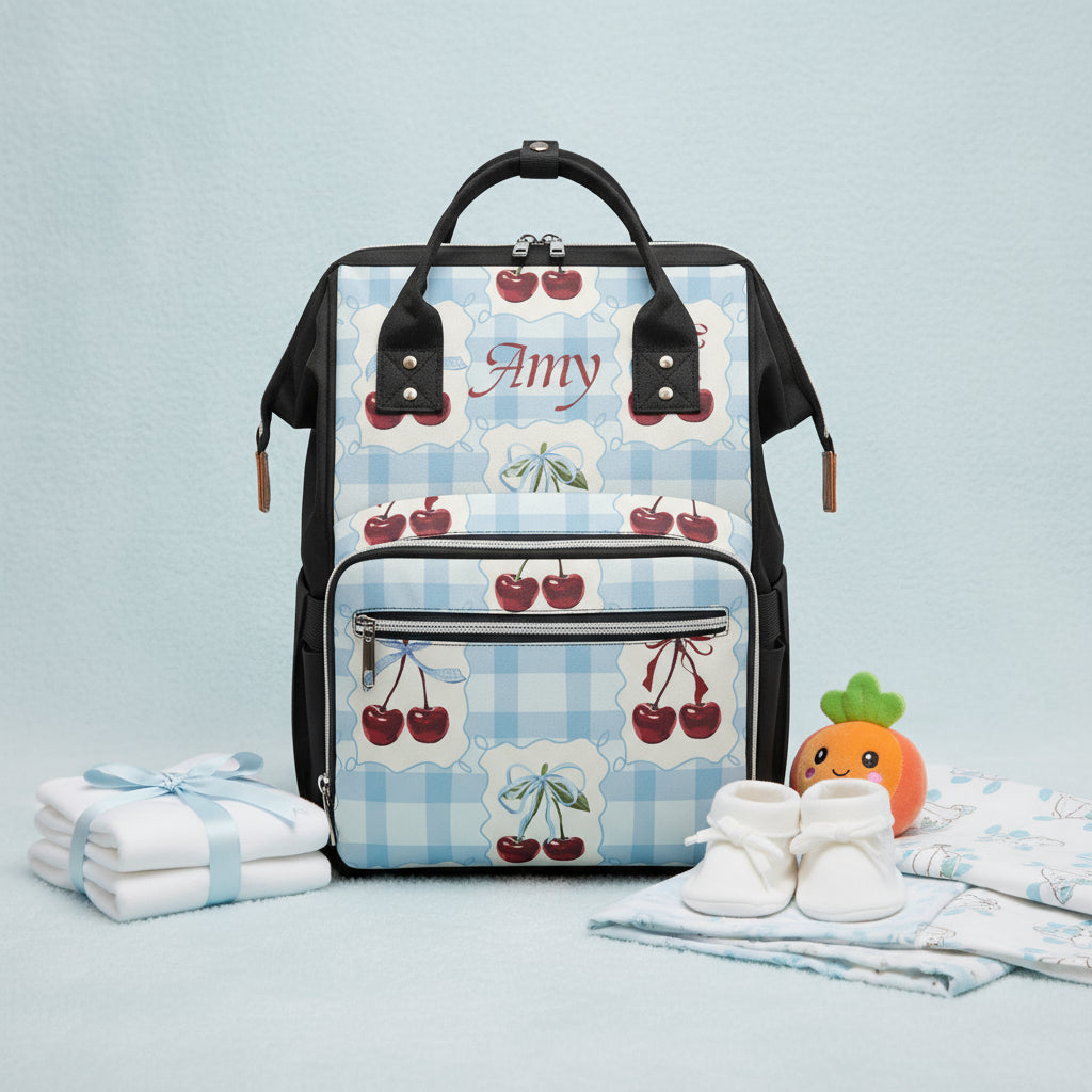 Custom Diaper Bag, Gingham Baby Backpack, Personalized Cherry Gift for Her, Baby Shower Present