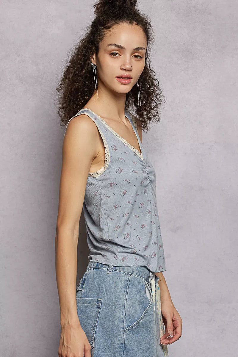 Powder blue ruched floral V-neck tank with scalloped lace trim on neckline