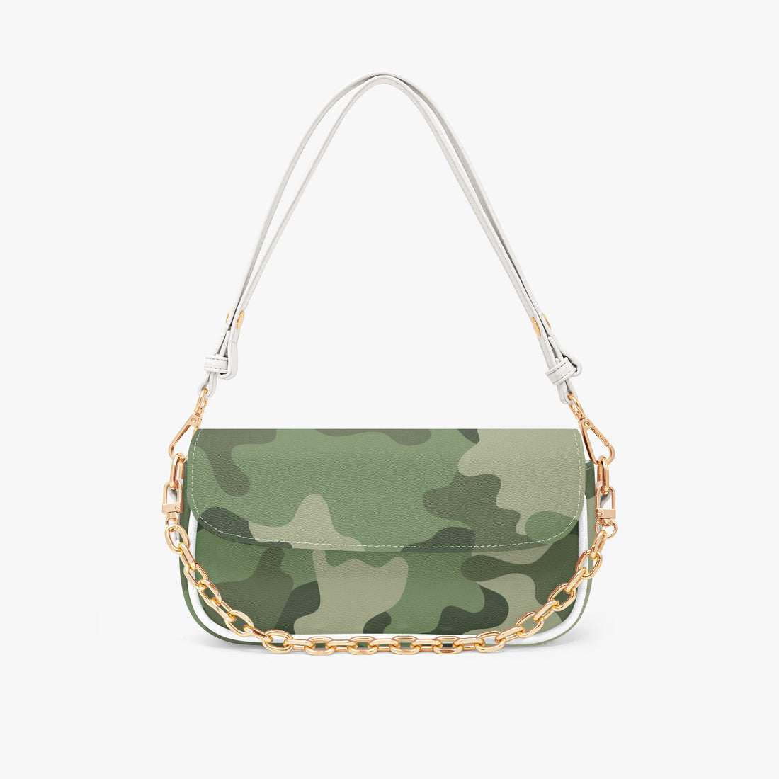 Green camouflage shoulder bag with white handles and gold chain strap, flap front.