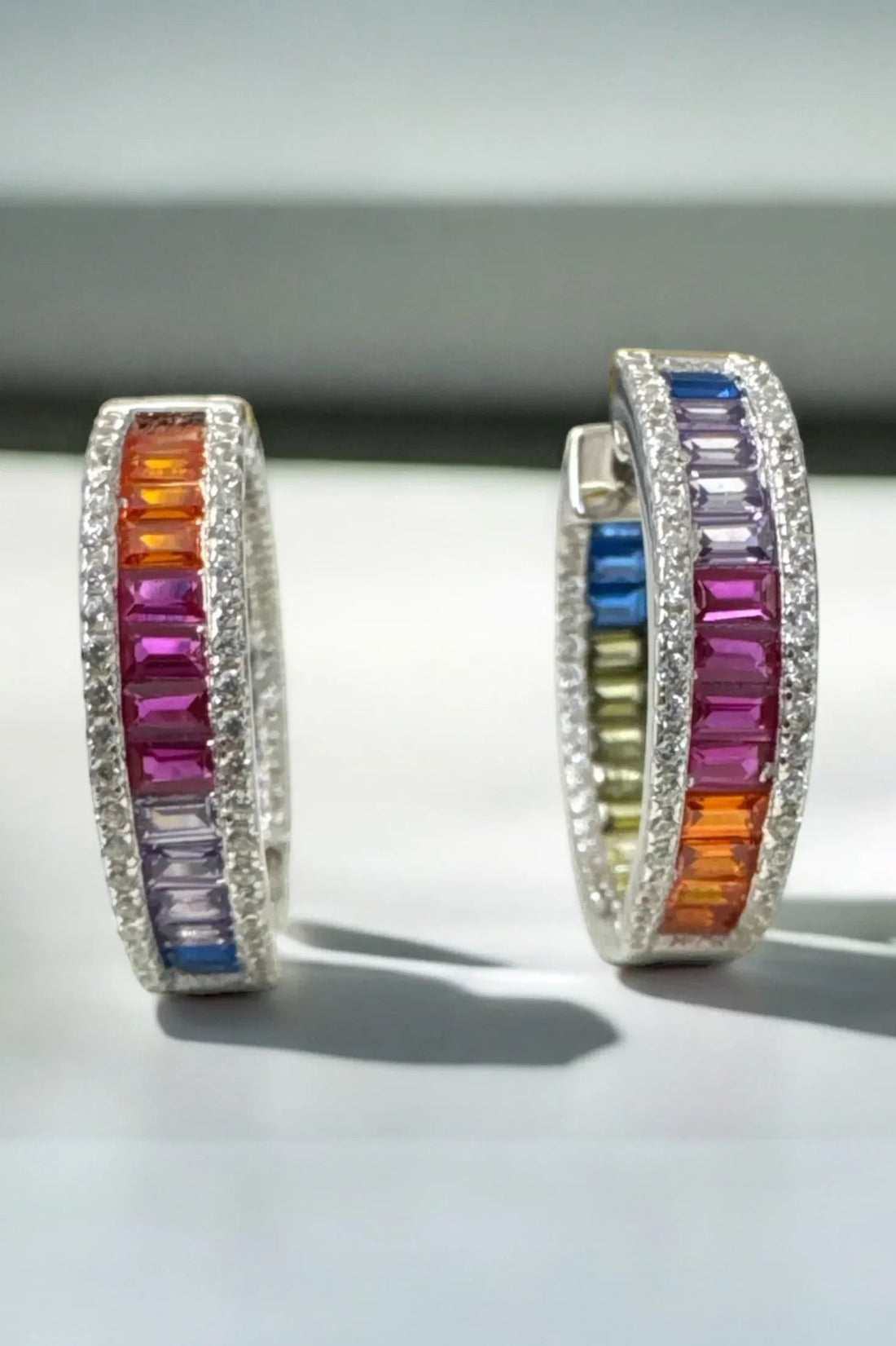 Judy Rainbow Baguette Hoop Earrings Silver-3