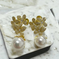 Flowers Pearl Earrings Gold White-4