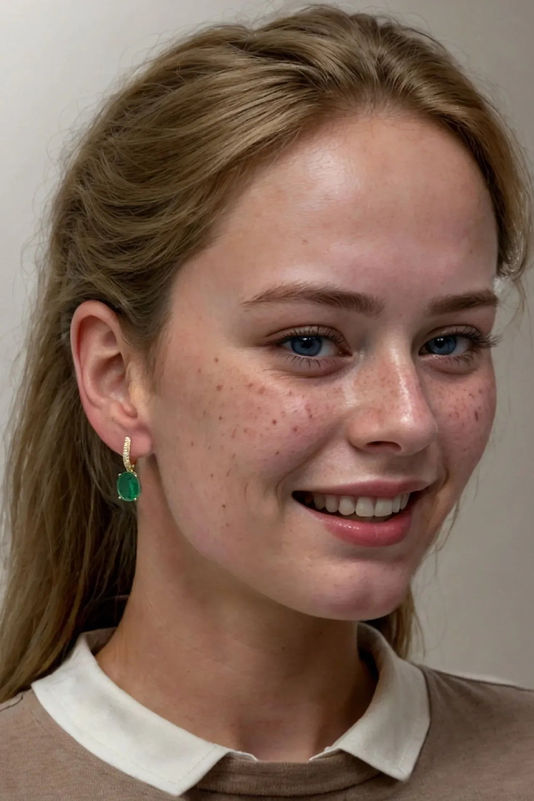 Gold drop earrings with emerald-green oval stones, worn by a smiling model