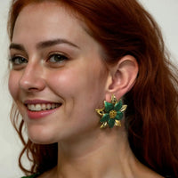 Marguerite Daisy Flower Large Stud Earrings Emerald Gold-1