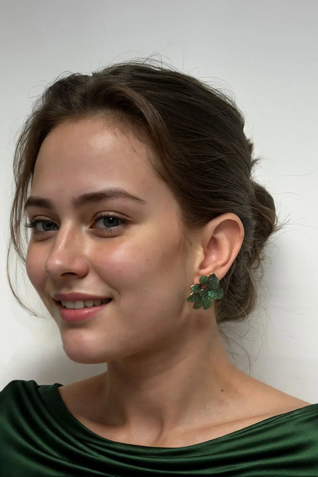 Amaryllis Flower Large Stud Earrings Gold Emerald-1