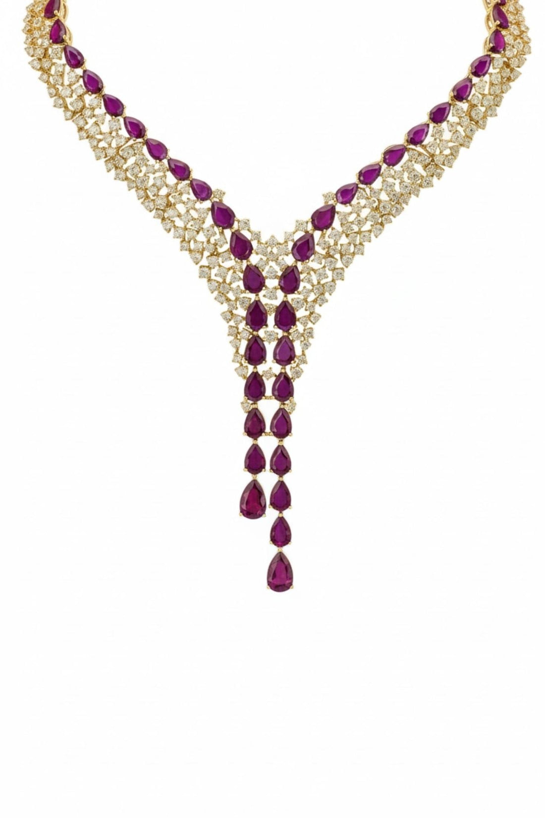 Gold-tone statement necklace with marquise ruby red gemstones and V-drop center