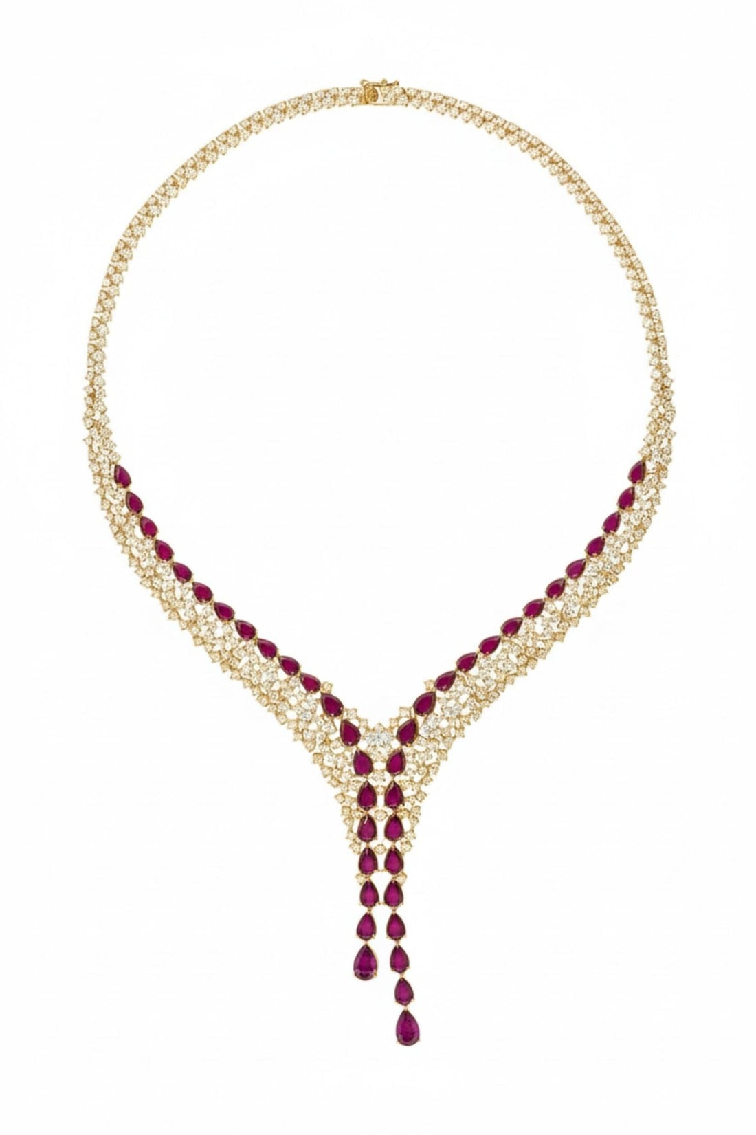 Gold-tone rhinestone necklace with ruby red marquise stones and long V-drop pendant