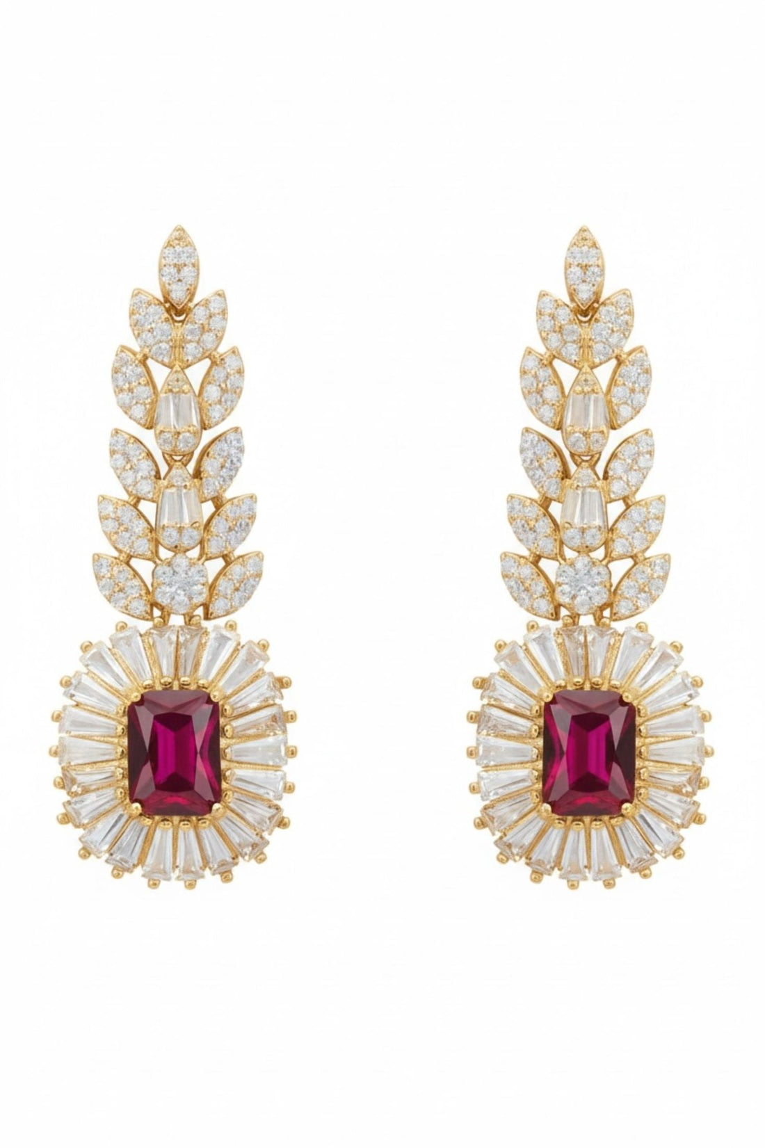 Gold-tone gemstone drop earrings with ruby-red center and crystal halo