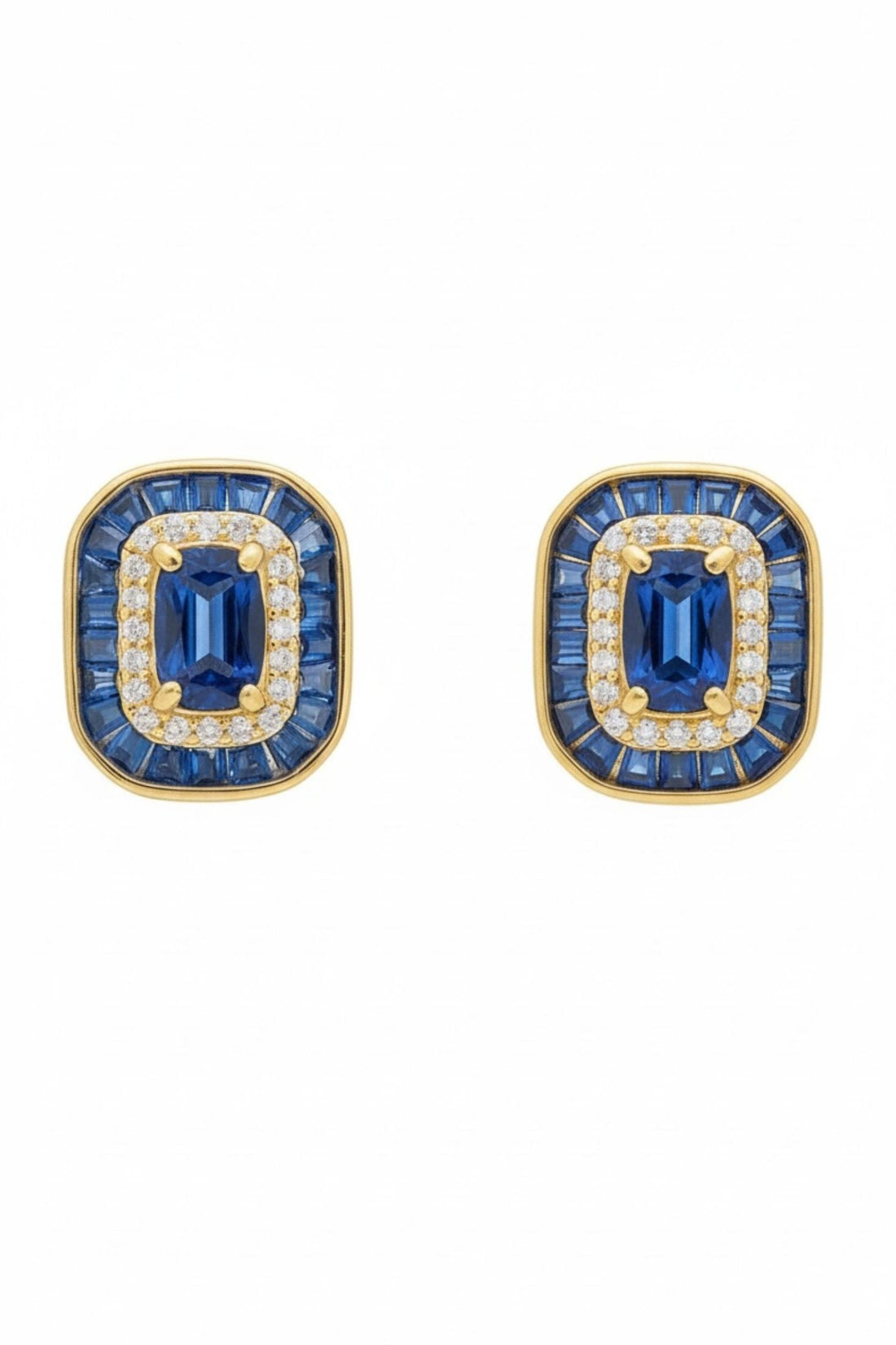 Gold-tone sapphire blue stud earrings with square bezel and crystal halo