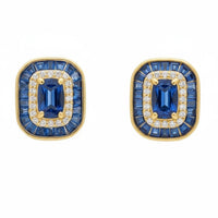 Gold-tone sapphire blue stud earrings with square bezel and crystal halo