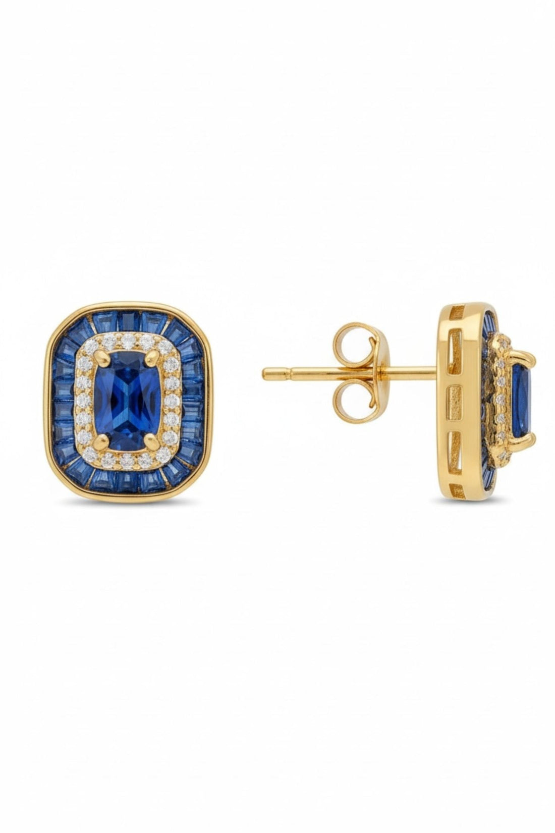 Gold-tone sapphire blue stud earrings with butterfly clasp, square crystal halo