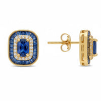 Gold-tone sapphire blue stud earrings with butterfly clasp, square crystal halo