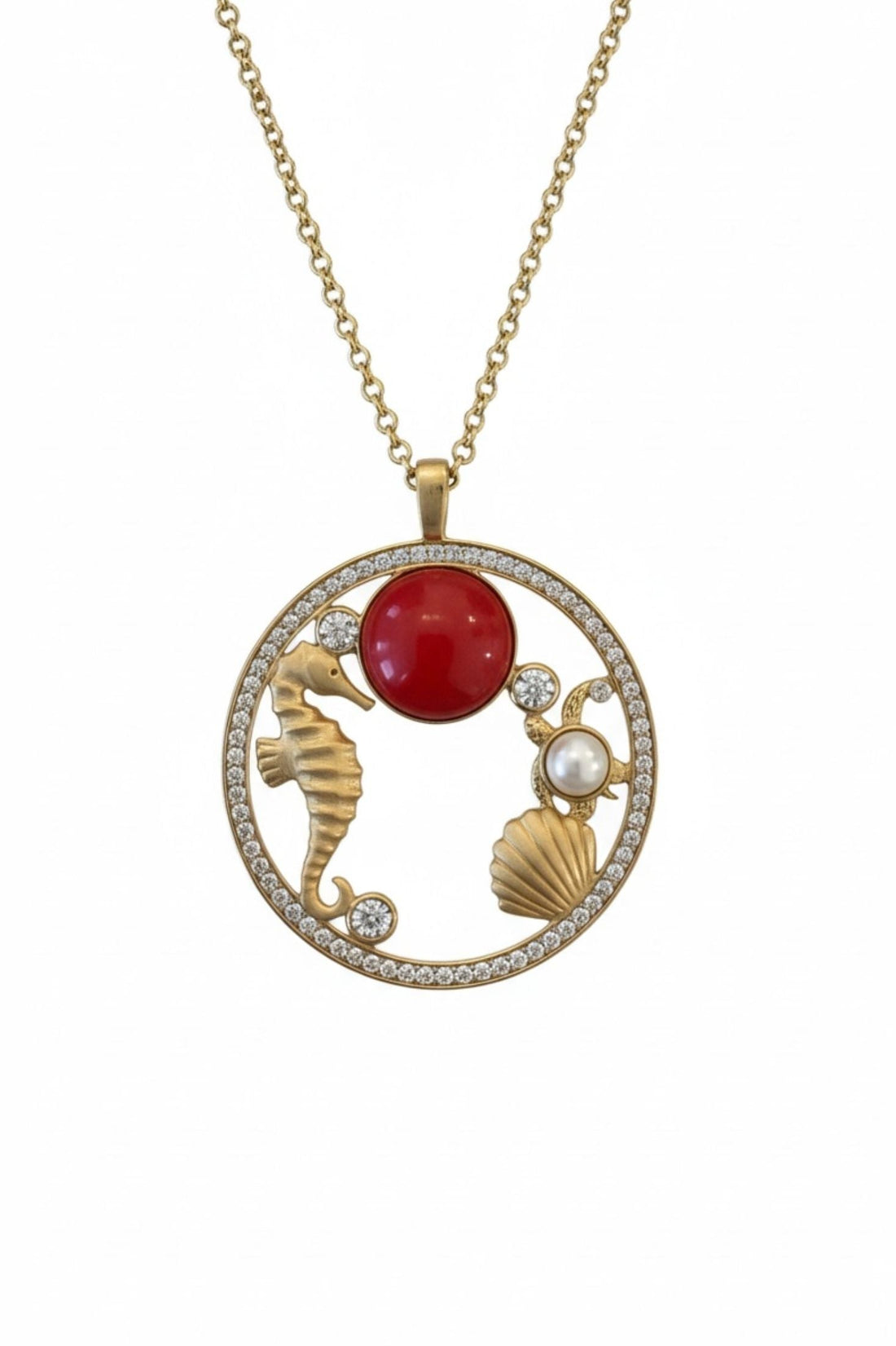 Gold-tone pendant necklace with circular seashell charms and red coral bead centerpiece